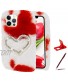 Herzzer Chic Winter Warm Plush Furry Cover for iPhone 11 Pro Max 6.5",Cute Color Block Rabbit Fluffy Hairy Diamond Pearl Love Heart Soft Silicone Rubber TPU Back Case,White Red
