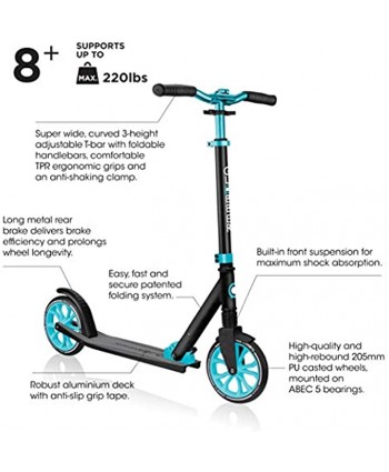 Globber NL 500-205 2-Wheel Folding Kick Scooter Reflective and Adjustable Height T-Bar Comfort Handlebar Grips for Kids 8+ Teens and Adults