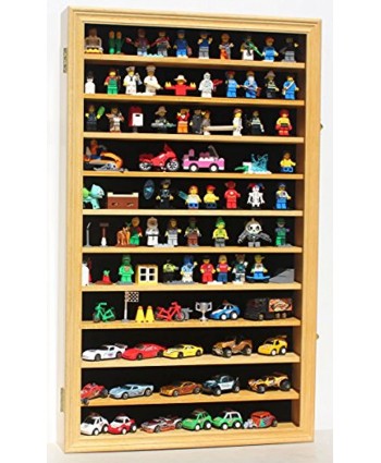 DisplayGifts Display Case Wall Curio Cabinet for Building Toys Minifigures Miniature Figures Oak Finish