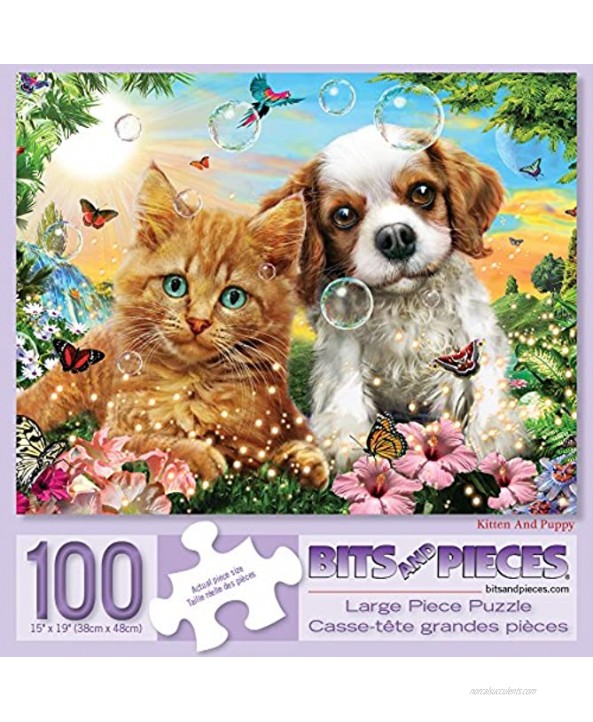 Bits and Pieces 100 Large Piece Jigsaw Puzzle Kitten and Puppy 100 pc Cat and Dog Jigsaw by Artist Adrian Chesterman