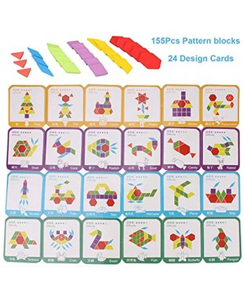 155 Pcs Wooden Pattern Blocks Set Geometric Shape Puzzle Graphical Early Educational Montessori Tangram Brain Teasers Toy for Kids with 24 Pcs Design Cards
