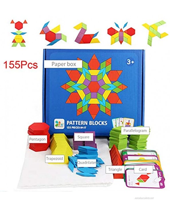 155 Wooden Pattern Blocks Kid Shapes Puzzles Brain Teaser Toys Graphical Educational Montessori Tangram Toys with 24 Pcs Pattern Blocks