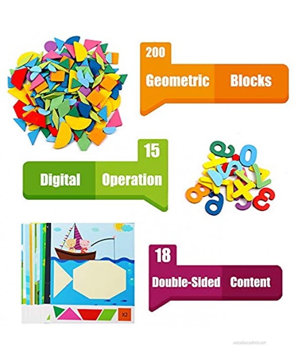 200 Pcs Wooden Pattern Blocks Geometric Shape Puzzle Set Classic Educational Toys for Toddlers Kids Boys Girls Age 3+ Tangram Puzzle Brain Teaser Toys with 18 Design Cards