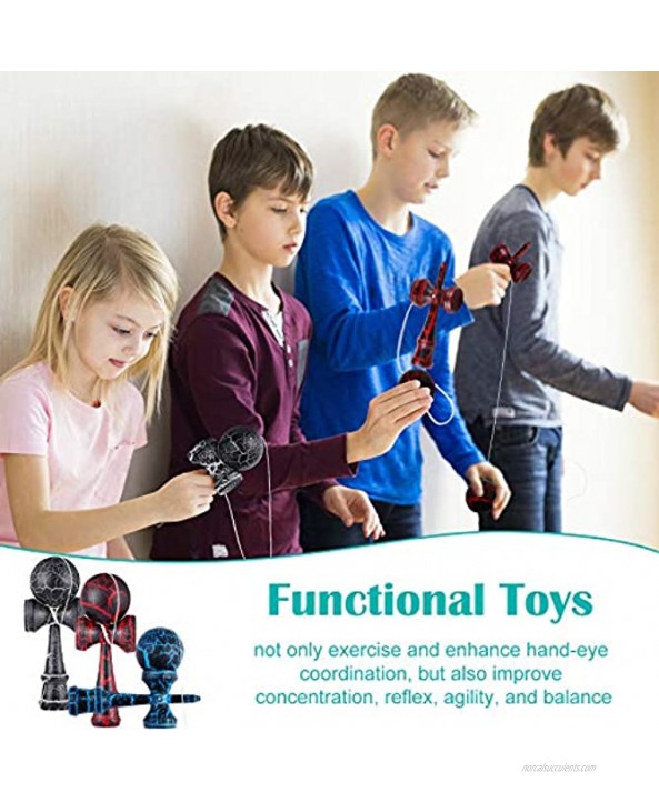 3 Pieces Crackle Kendama Wood Kendama Toys with Extra String Catch Skill Toys for Adults and Teens to Enhance Hand and Eye Coordination Black Blue and Red