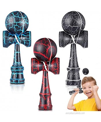 3 Pieces Crackle Kendama Wood Kendama Toys with Extra String Catch Skill Toys for Adults and Teens to Enhance Hand and Eye Coordination Black Blue and Red
