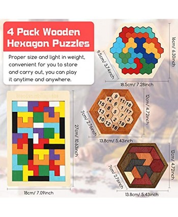 4 Pieces Wooden Hexagon Puzzle Wooden Tangram Block Puzzle Brain Teaser Toy 3D Russian Blocks Game Geometry Logic IQ Game Blocks Educational Toy for Teens Adults Challenge