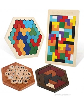 4 Pieces Wooden Hexagon Puzzle Wooden Tangram Block Puzzle Brain Teaser Toy 3D Russian Blocks Game Geometry Logic IQ Game Blocks Educational Toy for Teens Adults Challenge