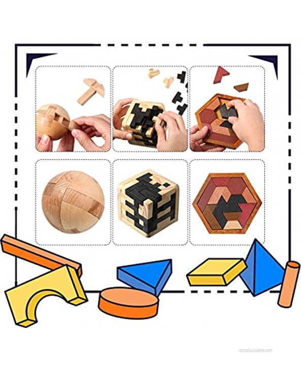 Brain Teaser Puzzle Set 3D Wooden Cube Wooden Puzzle Magic Ball Hexagon Tangram Puzzle and Metal Wire Puzzles Gift for Adults Teens Entertaining and Educational Tools