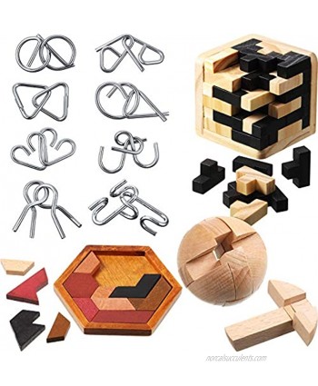 Brain Teaser Puzzle Set 3D Wooden Cube Wooden Puzzle Magic Ball Hexagon Tangram Puzzle and Metal Wire Puzzles Gift for Adults Teens Entertaining and Educational Tools