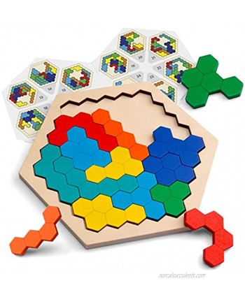 Coogam Wooden Hexagon Puzzle for Kid Adults Shape Pattern Block Tangram Brain Teaser Toy Geometry Logic IQ Game STEM Montessori Educational Gift for All Ages Challenge