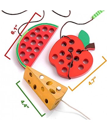 KLT Lacing Toy for Toddlers Wooden Threading Toy Kids Travel Car Airplane Activities Road Trip Essentials Games Educational learning Fine Motor Skills Montessori Toys 1 Apple,1 Watermelon 1 Cheese