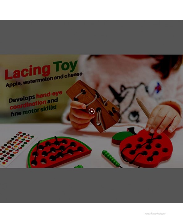 KLT Lacing Toy for Toddlers Wooden Threading Toy Kids Travel Car Airplane Activities Road Trip Essentials Games Educational learning Fine Motor Skills Montessori Toys 1 Apple,1 Watermelon 1 Cheese