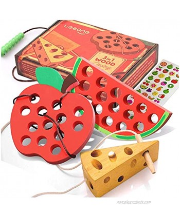 Lacing Toy for Toddlers Fine Motor Skill Toys for 3 Year Old Educational Learning Montessori Activity for Baby Kids Car Plane Travel Games Wooden Threading Toys 1 Apple,1 Watermelon 1 Cheese