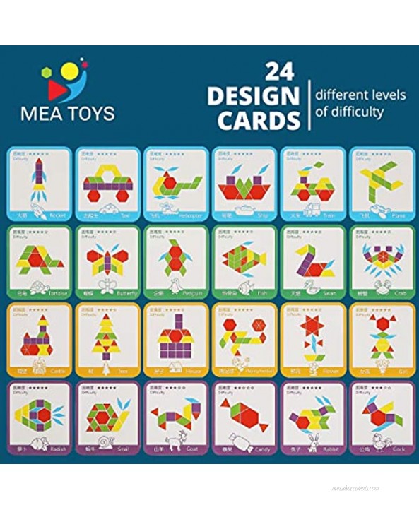 MEA TOYS 155 Pcs Wooden Pattern Blocks with 24 Design Cards – 3 to 8 Years Kids Toys Thick Multicolored Tangrams Geometric Shape Puzzles for Kindergarten Kids Learning