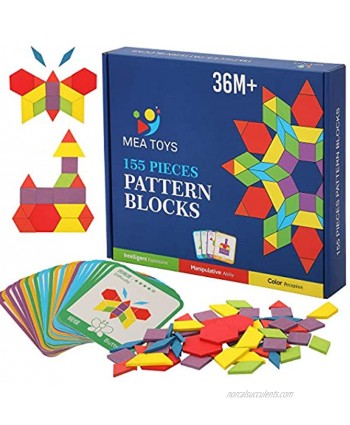 MEA TOYS 155 Pcs Wooden Pattern Blocks with 24 Design Cards – 3 to 8 Years Kids Toys Thick Multicolored Tangrams Geometric Shape Puzzles for Kindergarten Kids Learning