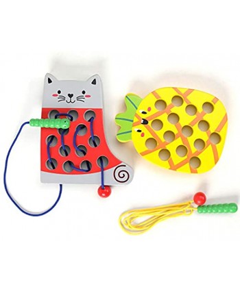 QZMTOY Wooden Lacing Toy Cat Pineapple Threading Toys Toddler Activities Fine Motor Skills Montessori Toys for Toddlers Travel Game Early Learning Educational Gifts for Boys Girsl Baby Kids