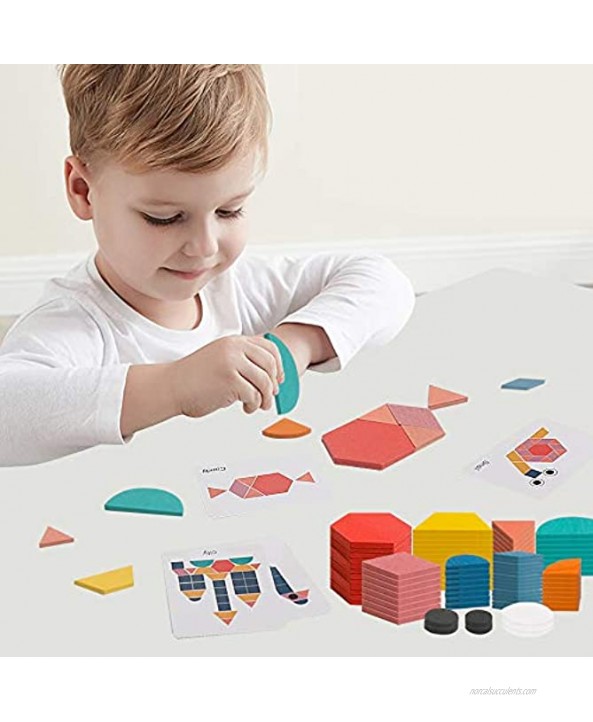 USATDD 180 Pcs Wooden Tangrams Pattern Blocks Set Geometric Manipulative Shape Puzzle Kindergarten Classic Educational Montessori Toys for Kids Toddlers Ages 4-8 with 24 Pcs Flash Cards
