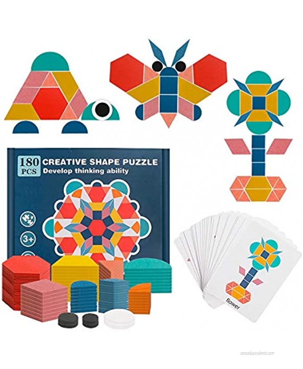 USATDD 180 Pcs Wooden Tangrams Pattern Blocks Set Geometric Manipulative Shape Puzzle Kindergarten Classic Educational Montessori Toys for Kids Toddlers Ages 4-8 with 24 Pcs Flash Cards