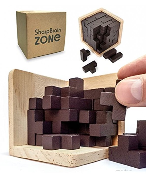 Original 3D Wooden Brain Teaser Puzzle by Sharp Brain Zone. Genius Skills Builder T-Shape Pieces. Educational Toy for Kids and Adults. Gift Desk Puzzles Original