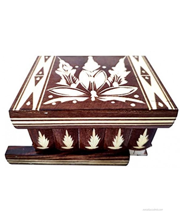 Wooden Puzzle Jewellery Box with Hidden Compartment & Key Handcrafted Carved Secret Puzzle Box Ideal Box Puzzle for Adults & Kids Storage Gift Box for Notes Cash & More Small 4 Brown