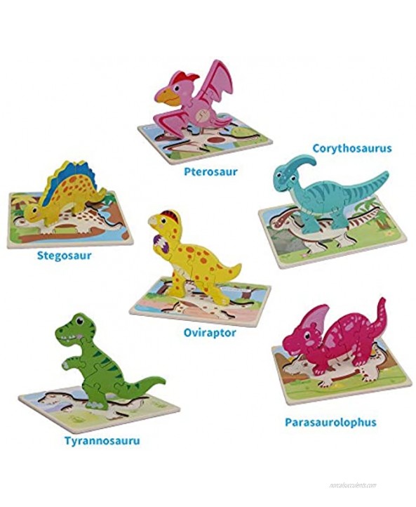 Dinosaur Wooden Jigsaw Puzzles for Toddlers 1-3 Year Old Preschool Learning Montessori Educational Toys Best Gift for Girls Boys Ages 1 2 36 Pack