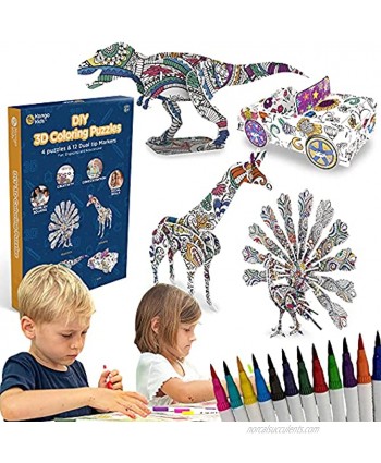 Kangokids 3D Puzzles for Kids 4pack 3D Coloring Puzzle Set with Animal Puzzles Dinosaur Car & 12 Markers Arts & Crafts for Kids 3D Puzzle Creative DIY Toys & Gifts for Girls & Boys Age 5-12