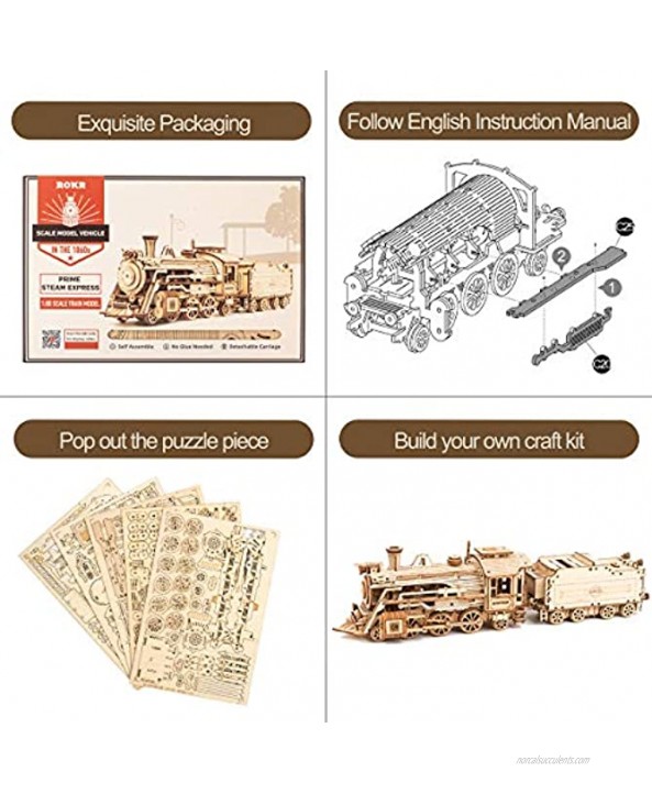 ROKR 3D Wooden Puzzle for Adults-Mechanical Train Model Kits-Brain Teaser Puzzles-Vehicle Building Kits-Unique Gift for Kids on Birthday Christmas Day1:80 ScaleMC501-Prime Steam Express