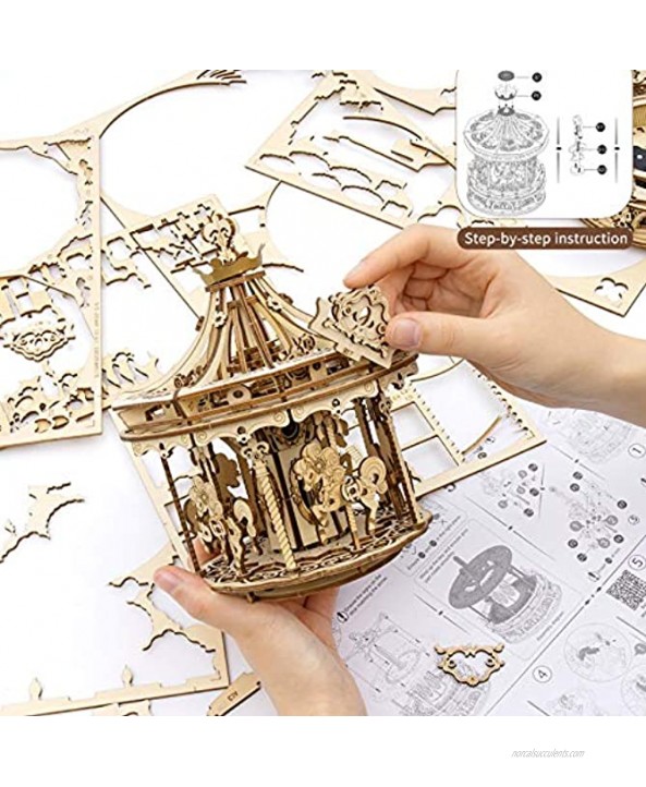 ROKR 3D Wooden Puzzles Music Box DIY Model Building Kit Mechanical Merry-go-Round Exquisite Display Gifts for Teens Man Woman Family