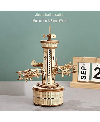 ROKR 3D Wooden Puzzles Music Box for Adult to Build DIY Model Craft Kits Mechanical Airplane-Control Tower Gift for Friends and Family