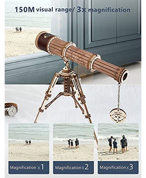 ROKR 3D Wooden Puzzles Retro Telescope Model Kits with Tripod 3X Magnification Lightweight Portable Monocular Gifts for Adutls Kids Aged 14+