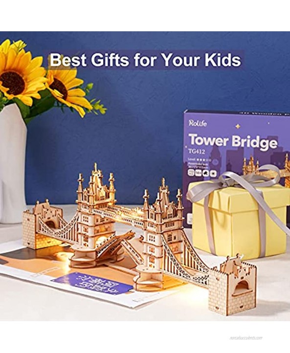 Rolife 3D Wooden Puzzles London Tower Bridge for Adults & Kids -113P Pieces 3D Puzzle Architecture Model Kits with LED Desk Decor Gift for Teens Adults