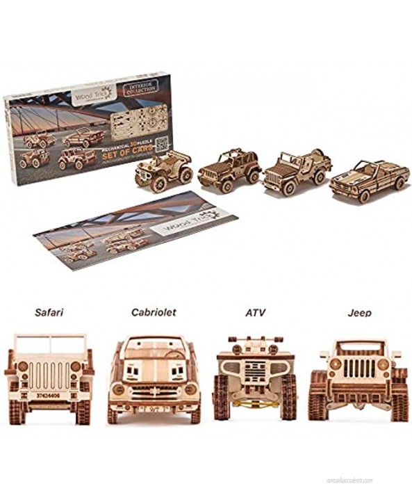 Wood Trick 4-Pack Mechanical Model Cars Kits to Build SUV ATV Cabriolet Safari Moving Parts 3D Wooden Puzzle for Adults and Kids to Build