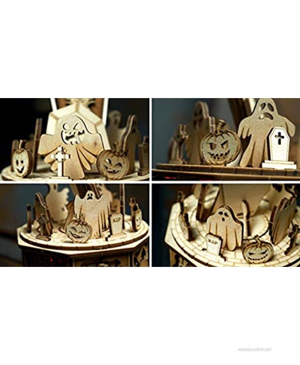 Wood Trick Halloween Wooden Music Box Kit Addams Melody w Red Light 3D Wooden Puzzle for Adults and Kids to Build DIY