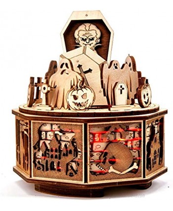 Wood Trick Halloween Wooden Music Box Kit Addams Melody w Red Light 3D Wooden Puzzle for Adults and Kids to Build DIY