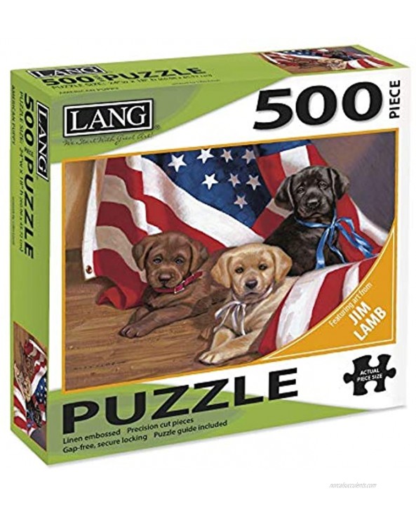 LANG 500 Piece Puzzle -American Puppy Artwork by Jim Lamb Linen Finish 24” x 18” Completed