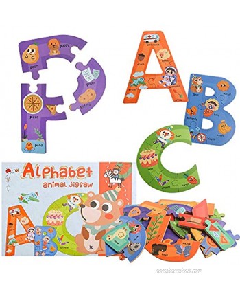 Wooden Jumbo Alphabet ABC Letter Puzzle Color Shape Animals Recognition Montessori STEM Jigsaw Preschool Learning Educational Toy for Kids 3 Years Old Boys Girls Gift