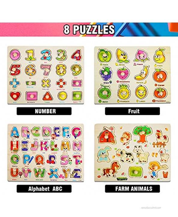 8PACK Wooden Peg Puzzles for Toddlers Kids Puzzles Set Letters Numbers Animals Vehicles Ocean Vegetables Fruits and Farm,Educational Learning Toys for Girls & Boys.