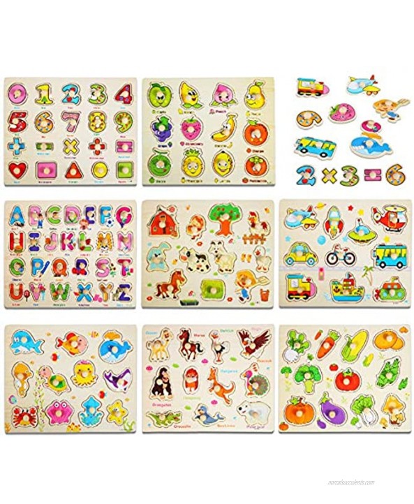 8PACK Wooden Peg Puzzles for Toddlers Kids Puzzles Set Letters Numbers Animals Vehicles Ocean Vegetables Fruits and Farm,Educational Learning Toys for Girls & Boys.
