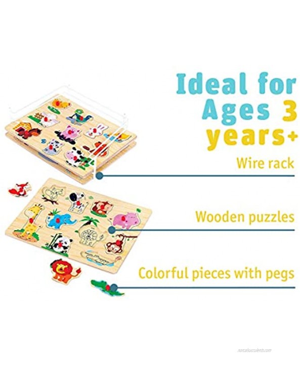 Etna 3 Piece Educational Wooden Peg Puzzles with Metal Organizer Rack