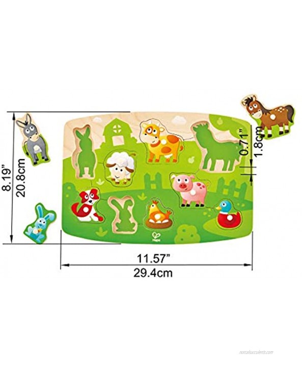 Hape Farmyard Peg Puzzle | 10 Piece Wooden Animal Peg Jigsaw Puzzle Game Learning Toy for Toddlers Multicolor 5'' x 2''