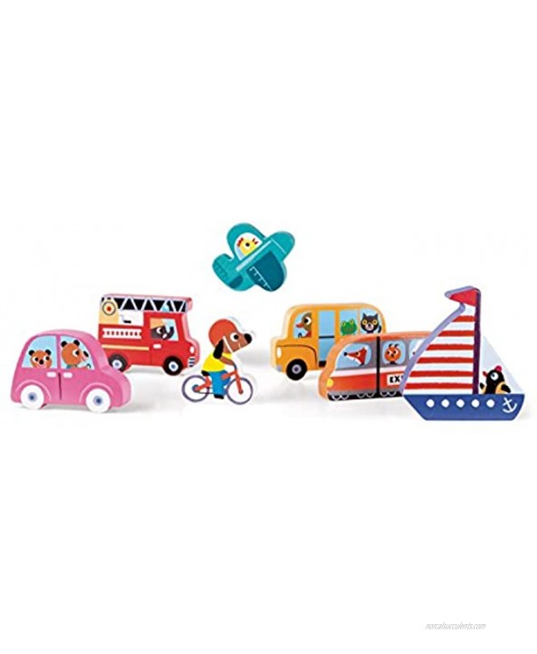 Janod Chunky Puzzle Colorful 7 Piece Wooden Vehicles Themed Jigsaw Puzzle Encourages Shape Recognition Dexterity and Language Development Toddlers 18 Months+ and Preschool Kids J07057