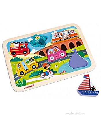 Janod Chunky Puzzle Colorful 7 Piece Wooden Vehicles Themed Jigsaw Puzzle Encourages Shape Recognition Dexterity and Language Development Toddlers 18 Months+ and Preschool Kids J07057