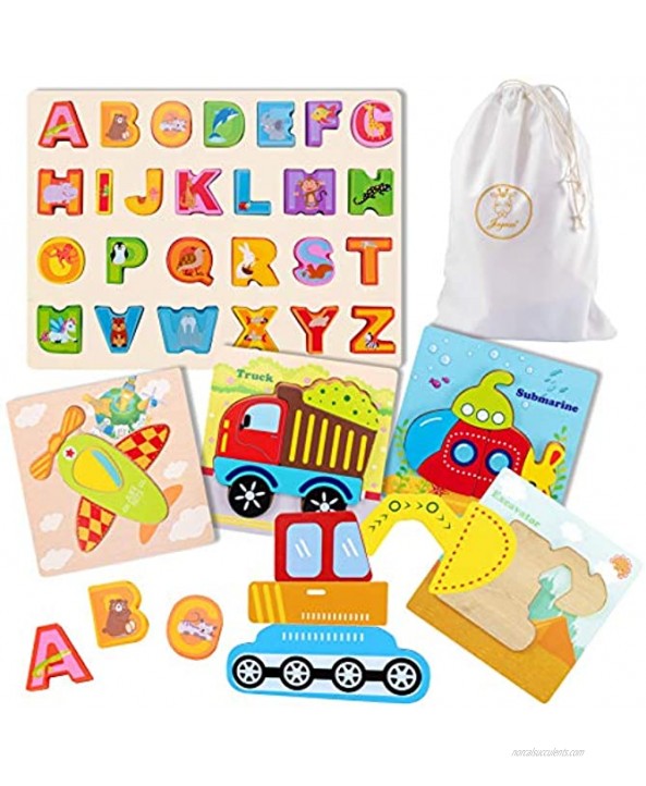 JOYOOSS Wooden Puzzles for Toddlers Jigsaw Puzzle Board Boys & Girls Educational Wooden Toys with Storage Bag Transportation & Alphabet 5 Pack