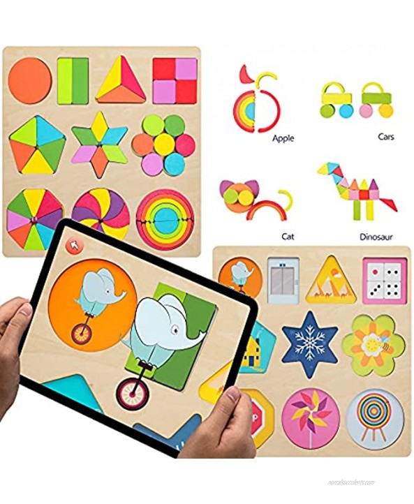 KIPPTO Geometric Shapes & Patterns Wooden Puzzle 55 Pieces for 3-5 Year Old Toddlers Free AR-Enabled App for Virtual Play and Real-Time Interaction