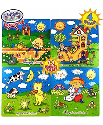 Matty's Toy Stop Deluxe Nursery Rhymes Wood Peg Puzzles 8pcs Each 32 Total Humpty Dumpty There was an Old Woman Hey Diddle Diddle & Mary Had A Little Lamb Complete Gift Set Bundle 4 Pack