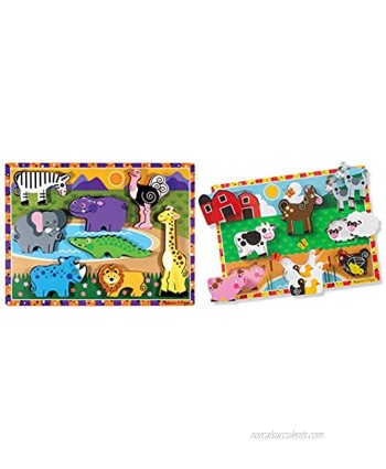 Melissa & Doug Farm and Safari Wooden Chunky Puzzle Bundle