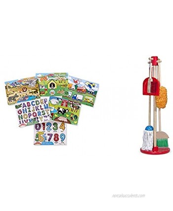Melissa & Doug Wooden Peg Puzzle 6 Pack Numbers Letters Animals Vehicles & Dust! Sweep! Mop! Frustration Free Packaging,Multicolor