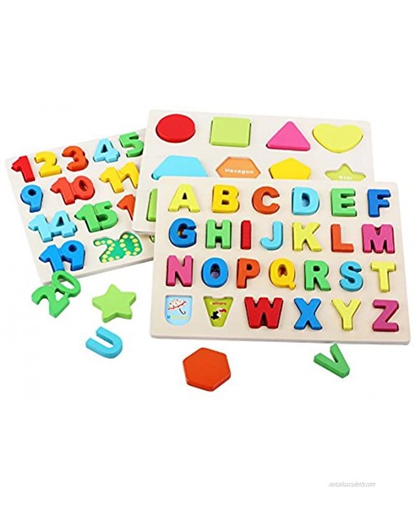 QZMTOY Wooden Puzzles for Toddlers Wooden Alphabet Number Shape Puzzles Toddler Learning Puzzle Toys for Kids 3 in 1 Puzzle for Toddlers Age 3+ Set of 3