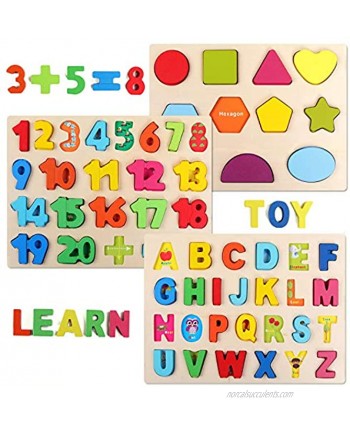 QZMTOY Wooden Puzzles for Toddlers Wooden Alphabet Number Shape Puzzles Toddler Learning Puzzle Toys for Kids 3 in 1 Puzzle for Toddlers Age 3+ Set of 3
