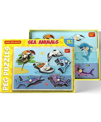 Smart Kids Service Wooden peg Puzzles for Toddlers Boys and Girls Age months18+ Sea Animals Set with Gift Box